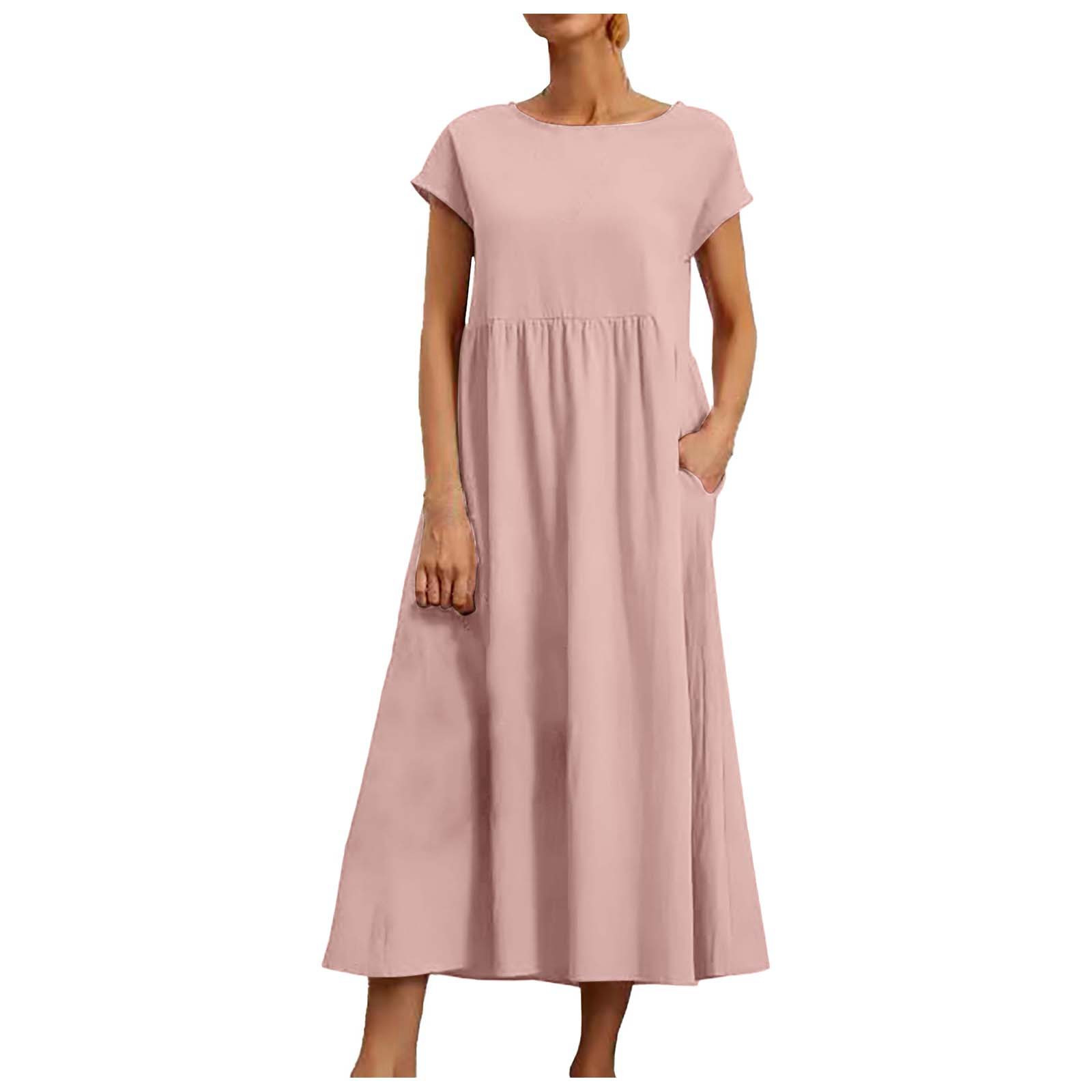 thumbnail image 1 of Vestido informal de lino sin mangas para mujer con bolsillos - Vestido midi de verano holgado con cuello redondo, 1 of 6